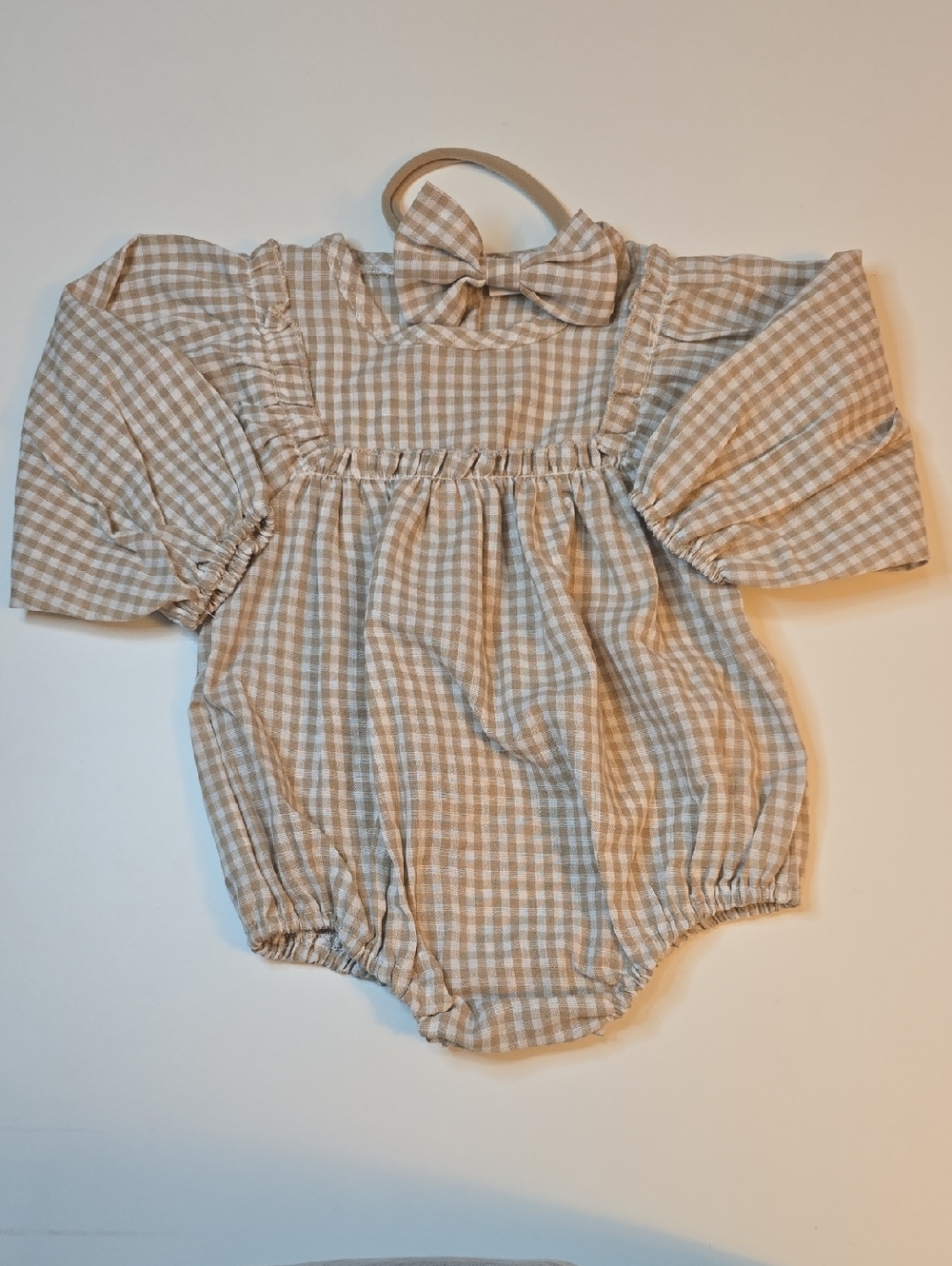 Gingham Baby Bubble Romper with Bow - Beige White